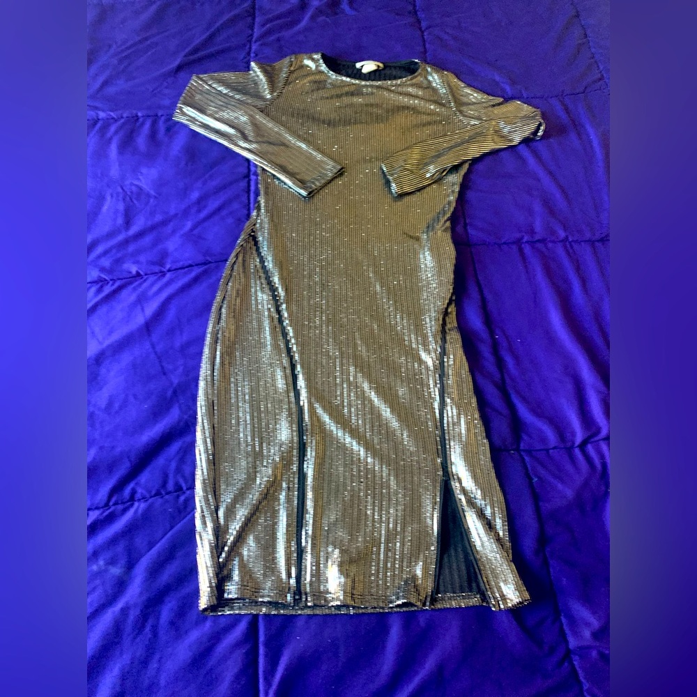 Metallic mid knee length long sleeve dress.
